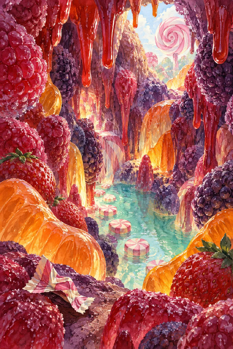 A vertical painted grotto of raspberry gummies, blackberry sugar clusters and orange-jelly wedges encloses a mint-blue pool crossed by peppermint stepping stones.