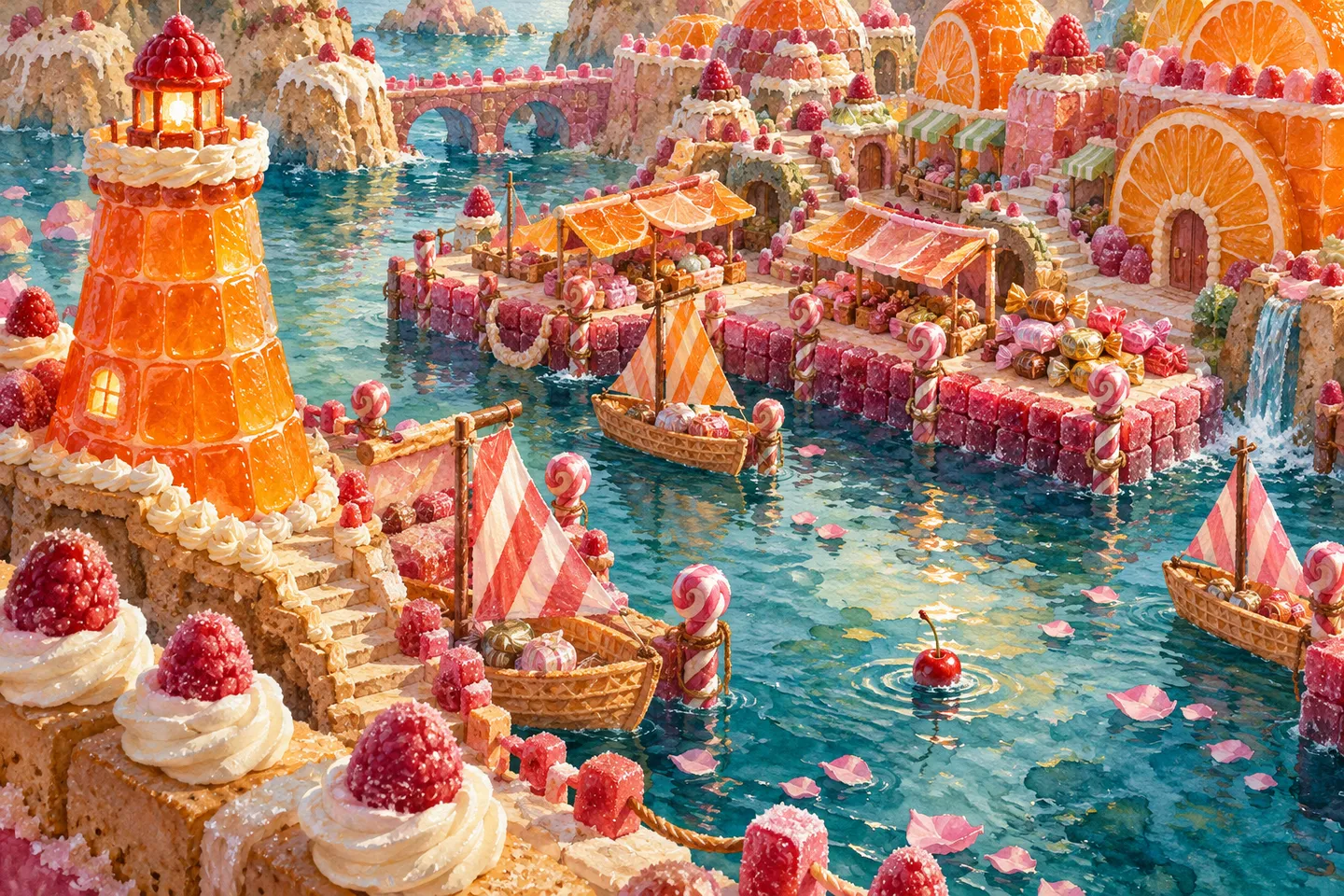 An orange-jelly lighthouse overlooks wafer sailing boats, raspberry gummy wharves, wrapped bonbons and citrus market awnings in a richly painted candy harbour.