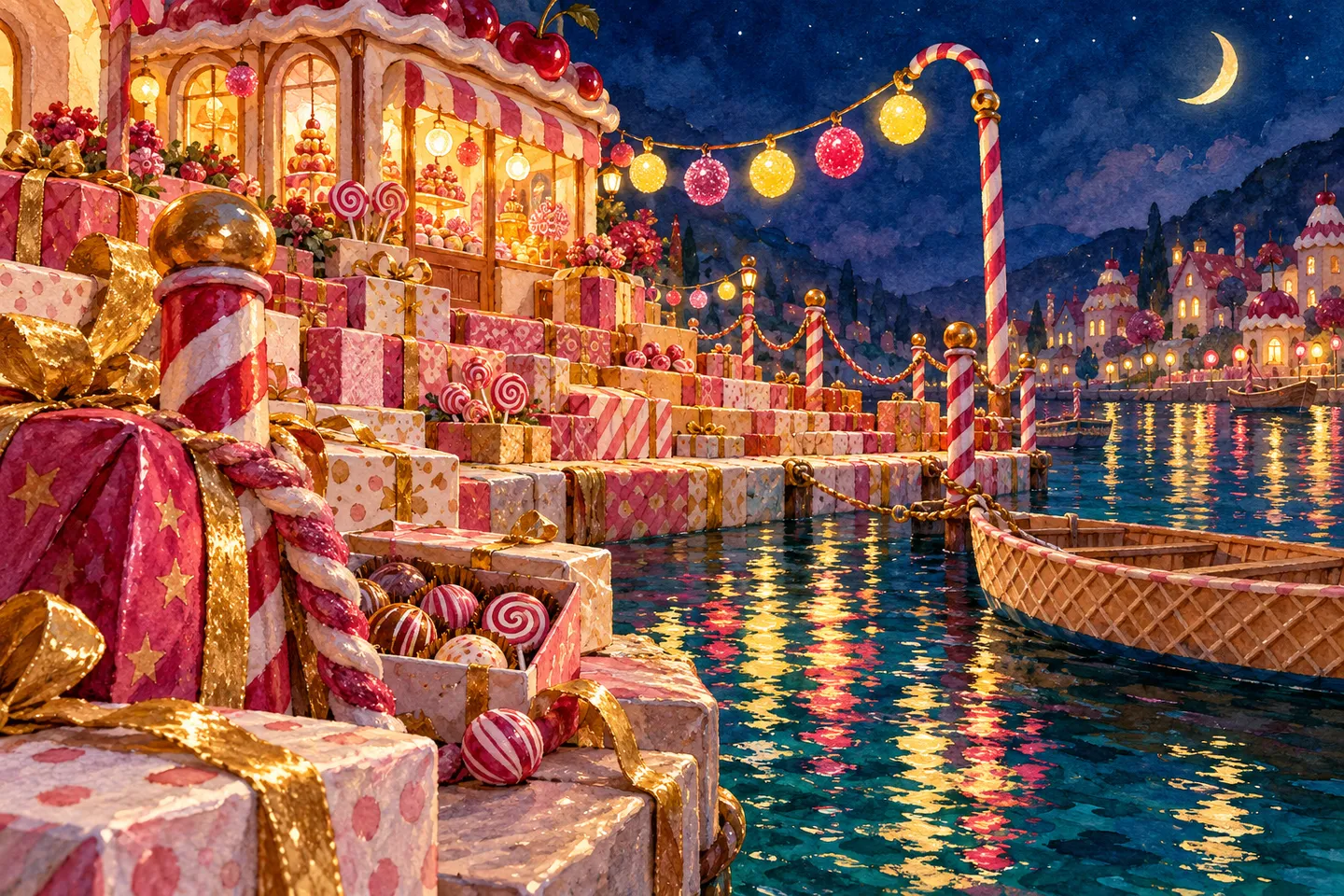 A moonlit watercolour quay built from wrapped confectionery parcels glows with raspberry and lemon-drop lanterns beside a wafer boat and an open box of bonbons.