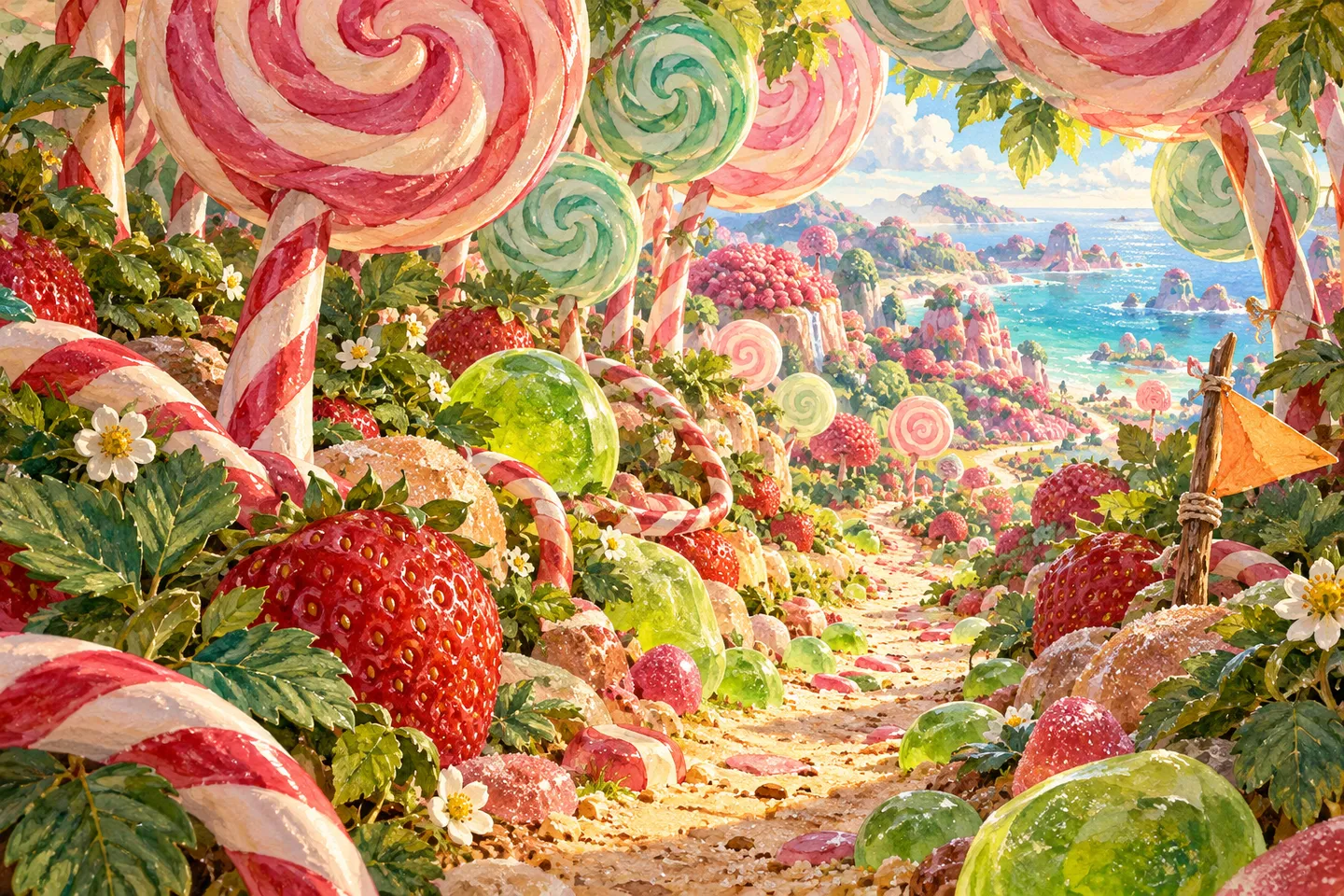 Giant pink and mint spiral lollies form a painted woodland canopy above huge strawberries, lime jelly stones and a winding sugared trail overlooking the sea.