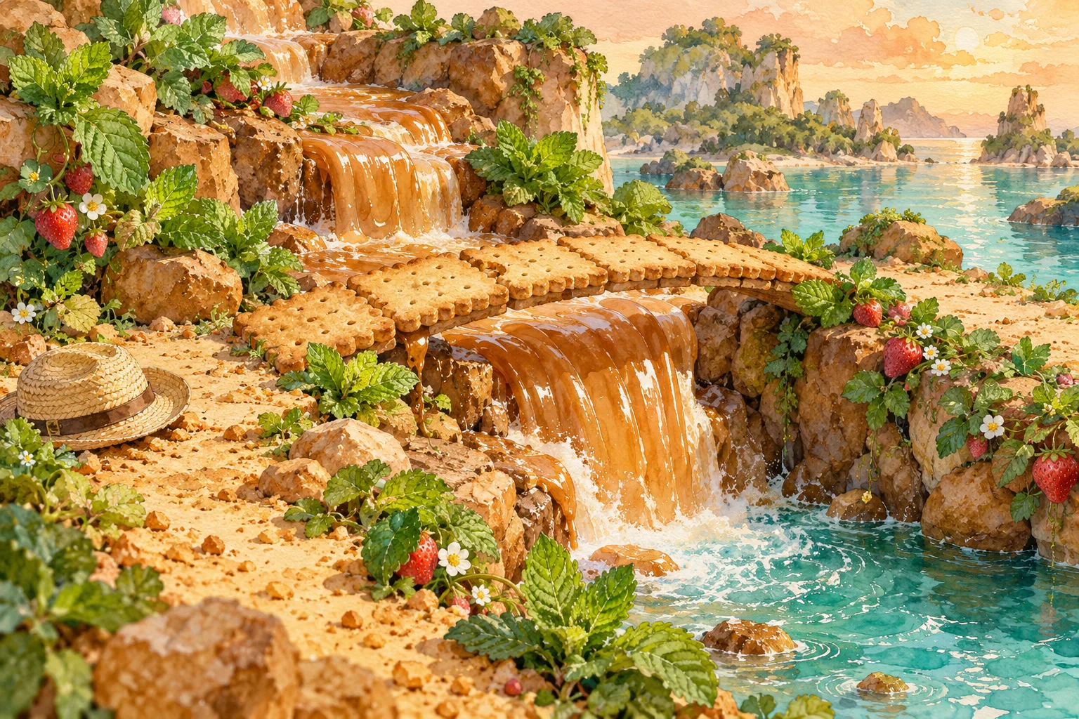Painted caramel cascades flow beneath a biscuit footbridge, framed by strawberries and mint leaves above a bright turquoise inlet.