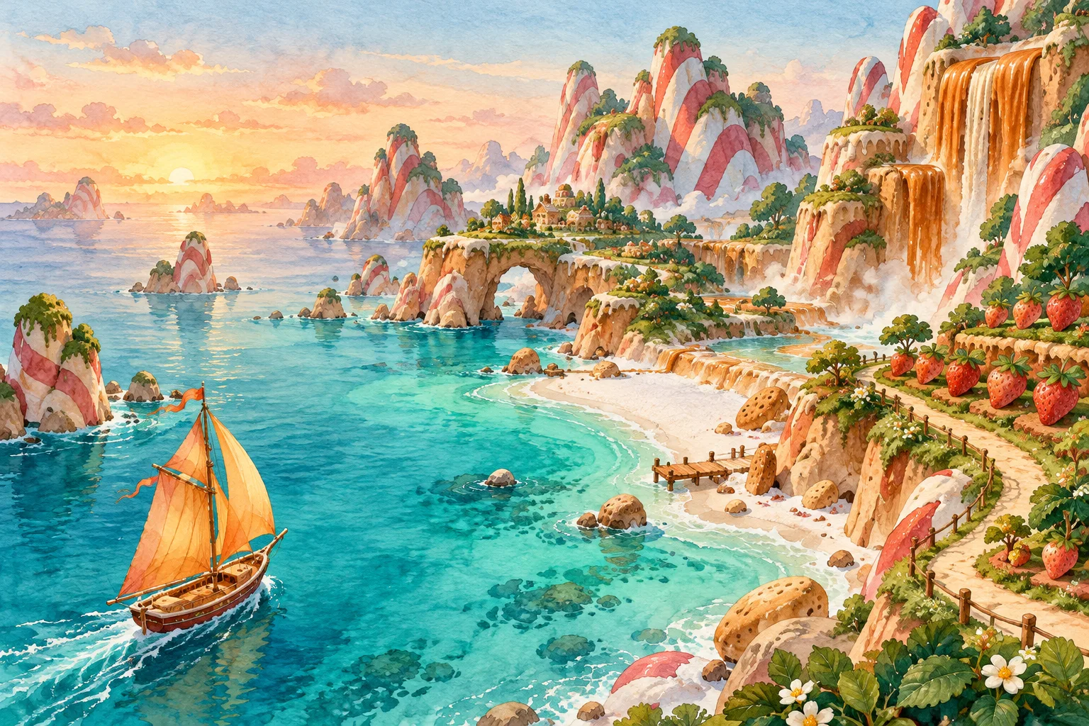 A watercolour candy coast with striped peppermint cliffs, strawberry terraces, caramel waterfalls and a small orange-sailed boat in a turquoise bay.